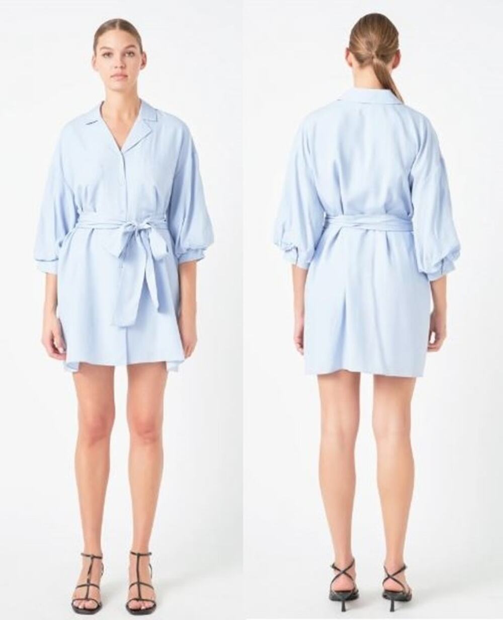 Endless Rose Belted Notched Collar Mini Shirt Dress Powder Blue Women's Size S
